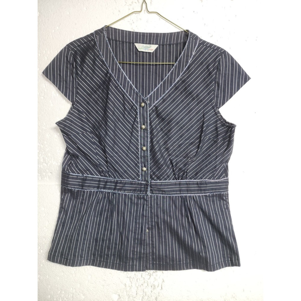 Crocodile Top Women Black Silver Striped Blouse Tank Cap Sleeve V Neck Casual